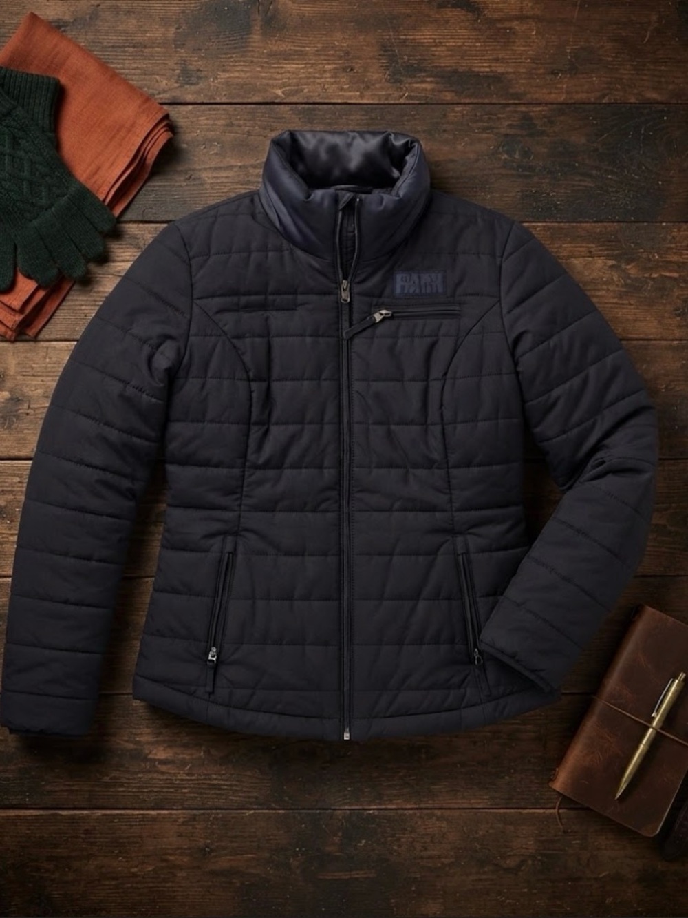 Black Puffer Jacket with Stand-Up Collar and Quilted Design - Picture 3 of 7